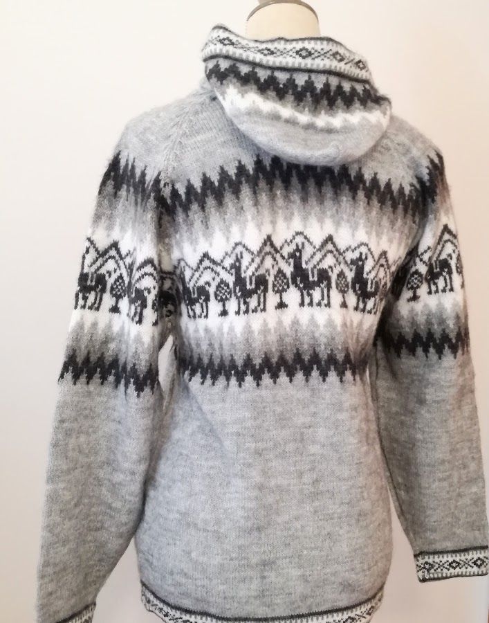 GRATIS VERZENDING alpaca wol gebreide Grijs alpacavest met twee zakken en ritssluiting en capuchon uit Peru